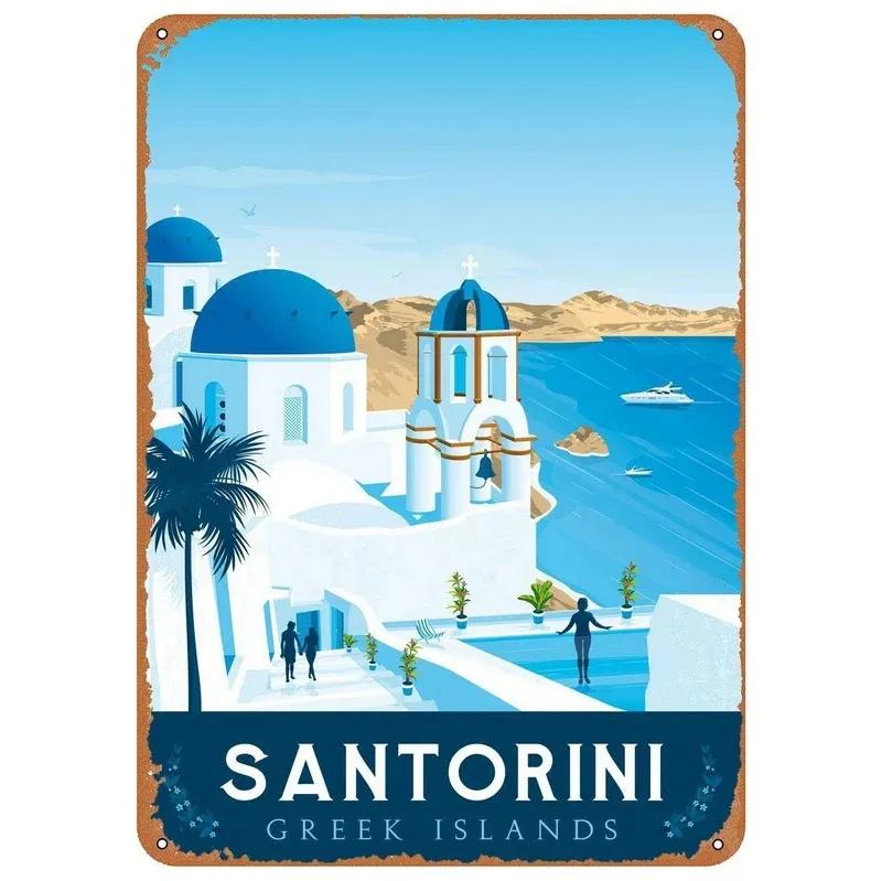 Vintage Hawaii New York Santorini Landscape Travel Tour Poster Retro Metal Aluminum Signs Funny Plaque Home Bar Cafe Wall Decor