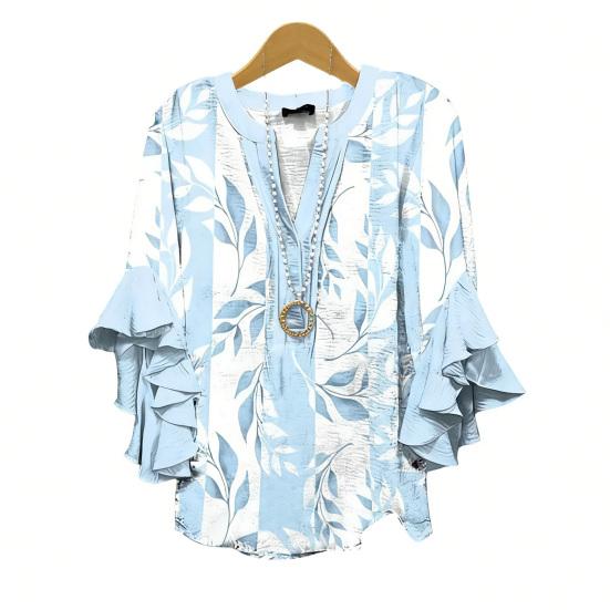 Women Shirt V-Neck 3/4 Ruffle Sleeves Floral Print Anti-Wrinkle Bohemian Blouse Loose Fit Ultra Lightweight Beach Shirt