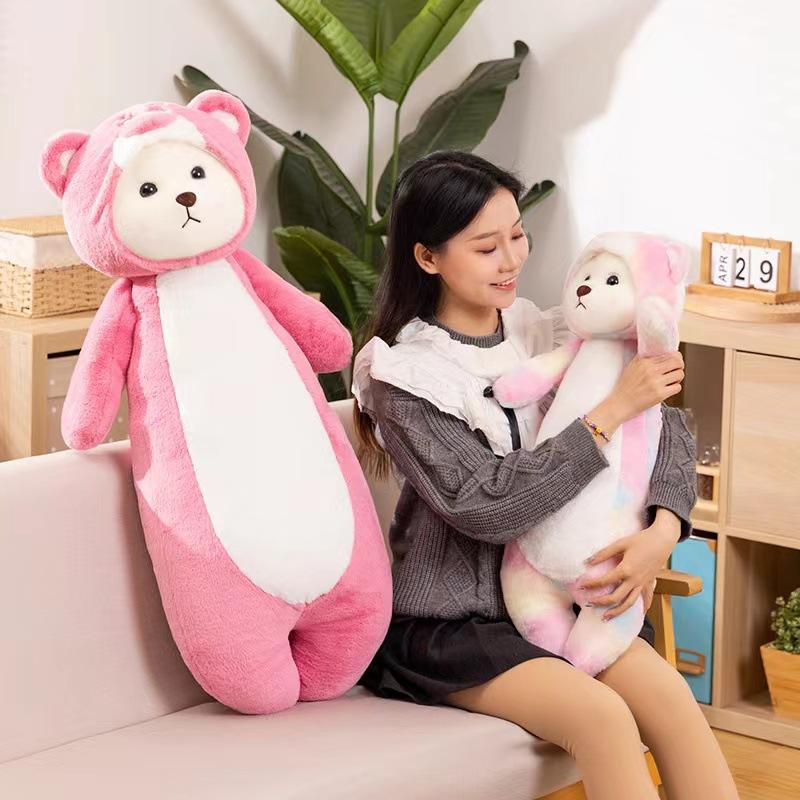 Colorful bear turned strawberry bear long plush throw pillow sofa cushion girls bed sleeping leg pillow bedside pillow