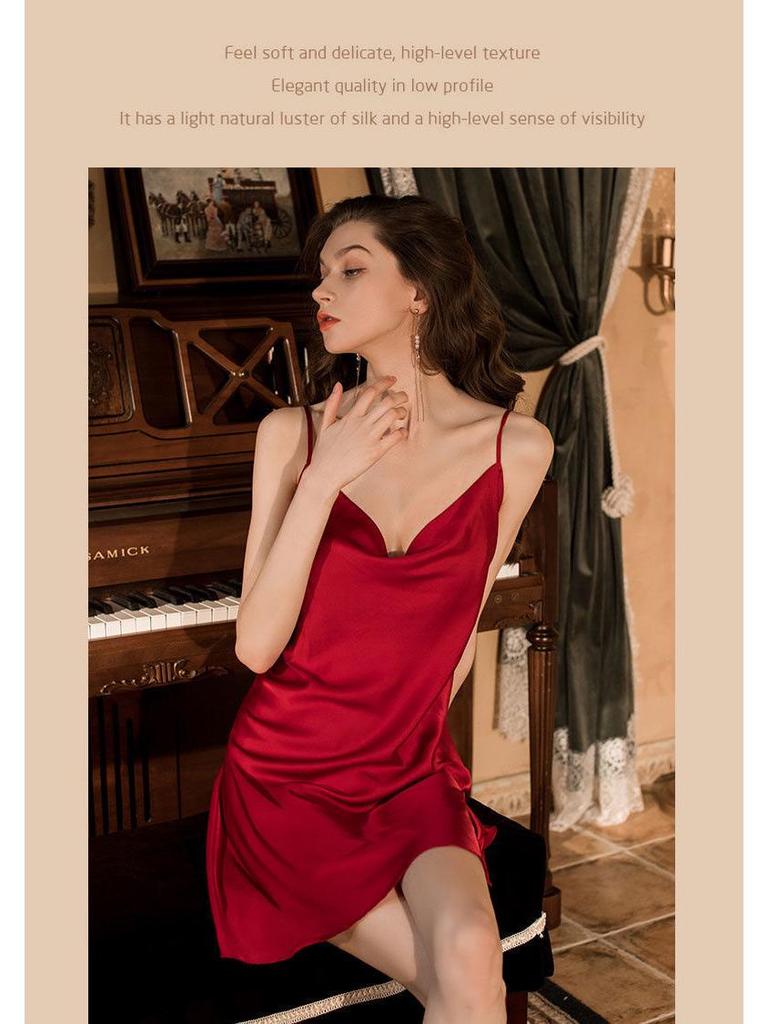 Women's Spaghetti Strap Silk-Style Nightgown - Solid Color Lingerie and Homewear for Spring/Summer