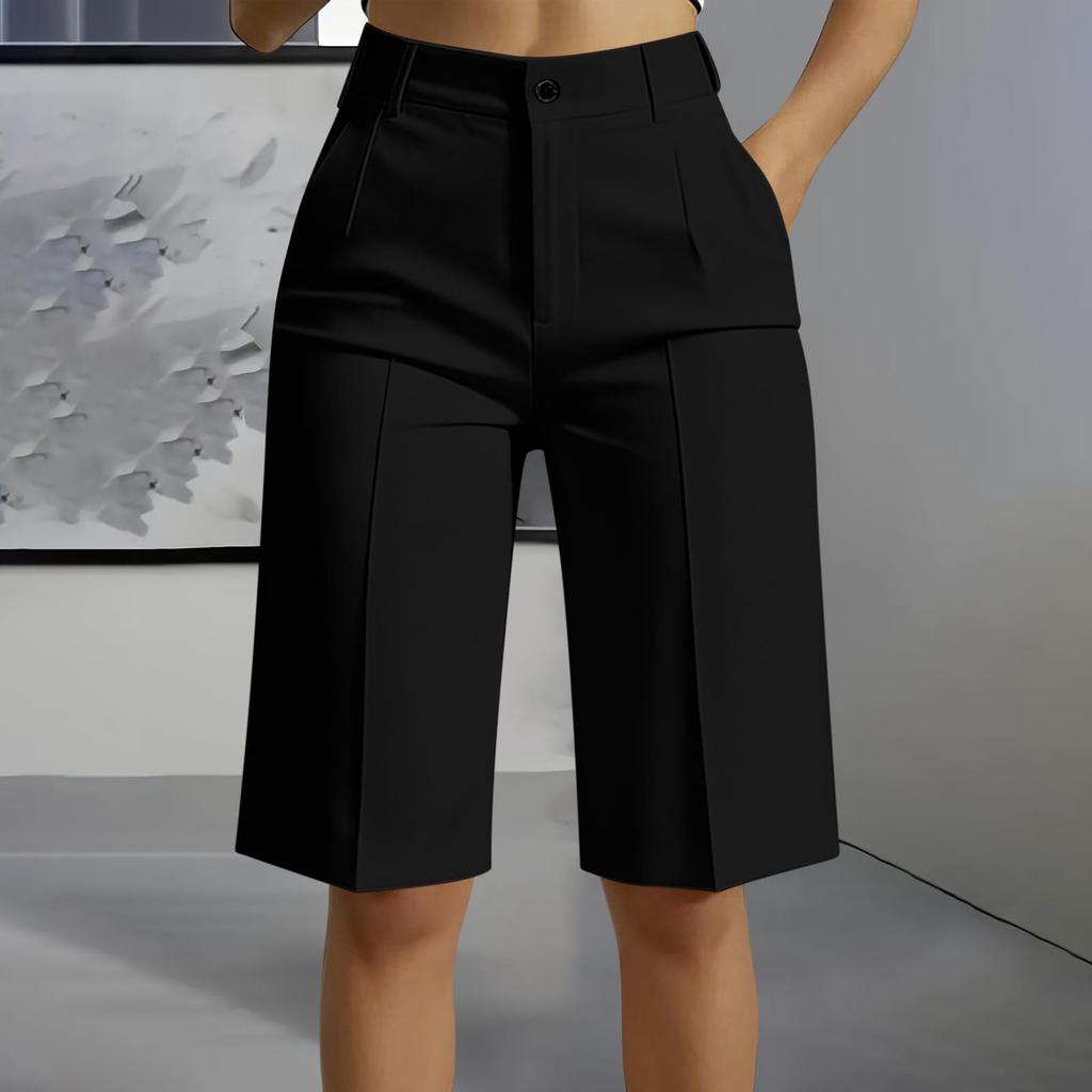 Women High Waist Straight Leg Tailored Bermuda Shorts Simple Design Office Style Knee Length Suit Shorts with Pockets