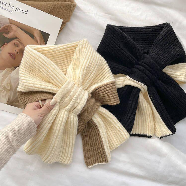 Short Scarf for Women Autumn and Winter Cross Knitted Scarf Korean Version Color Matching Winter Warm Lazy Neck Gaiter
