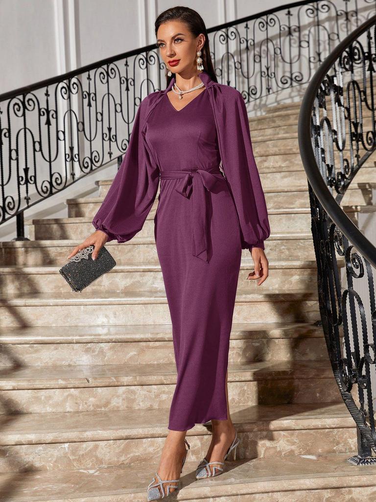 2025 Elegant V-neck Slimming Dress with Lantern Sleeves - Women's Cross-border Fashion