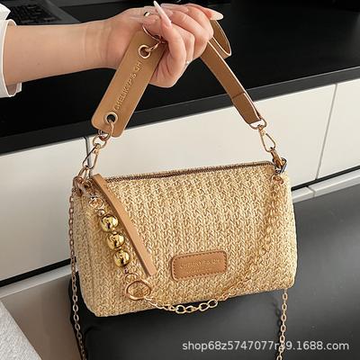 Straw Bag Women's Bag 2025 New Fashion Chain Messenger Bag Mini Woven Shoulder Pillow Bag Rattan Beach Bag