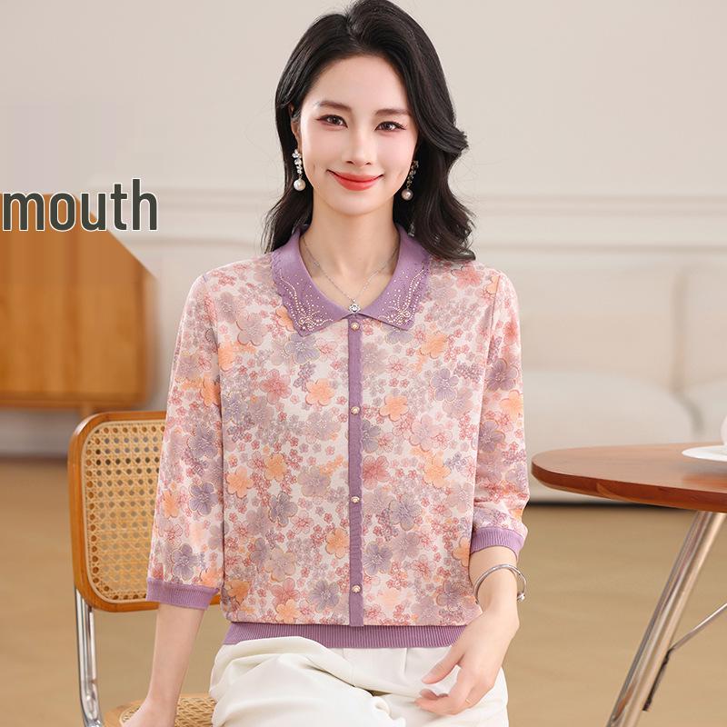 Mom's Spring 2026 Stylish Printed Ice Silk Three-Quarter Sleeve T-shirt for Middle-Aged and Elderly Women