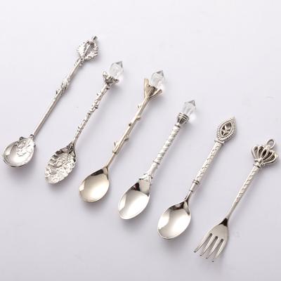 6PCS/Set Vintage Court Coffee Spoon Alloy Carved Coffee Spoon Dessert Tea Spoon Crystal Head Tableware Set Gift Crafts