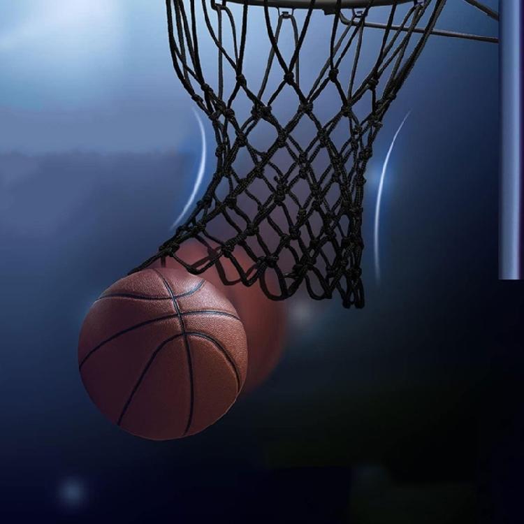 Werkzeugloses Basketballnetz mit 12 oberen Aufhängungspunkten, verstärkten Verbindungsbereichen und einem sich verjüngenden, offenmaschigen Körper für Basketballübungen und Training