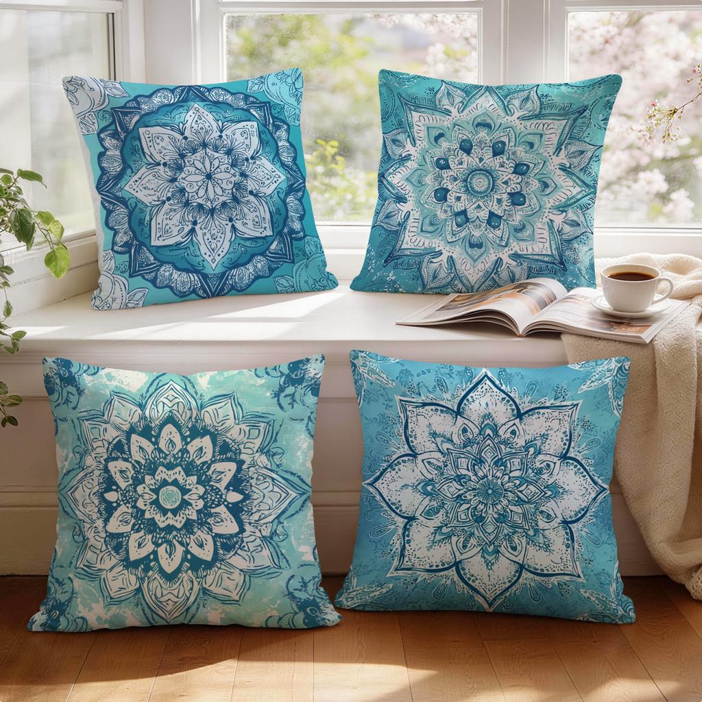 1/4pcs Teal Mandala Cushions Pillowcase Polyester Cushion Cover Throw Pillow Pillowcover Home Car Sofa Decor