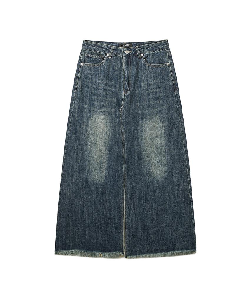 Lense Cutting Denim Long Skirt Blue