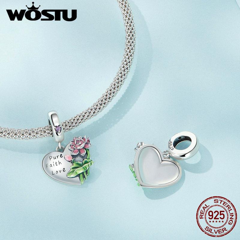 WOSTU 925 Sterling Silber Lotusblüten hängende Perle Pure, Glaube, Liebe Charms für Frauen Original Armband Armreif Halskette