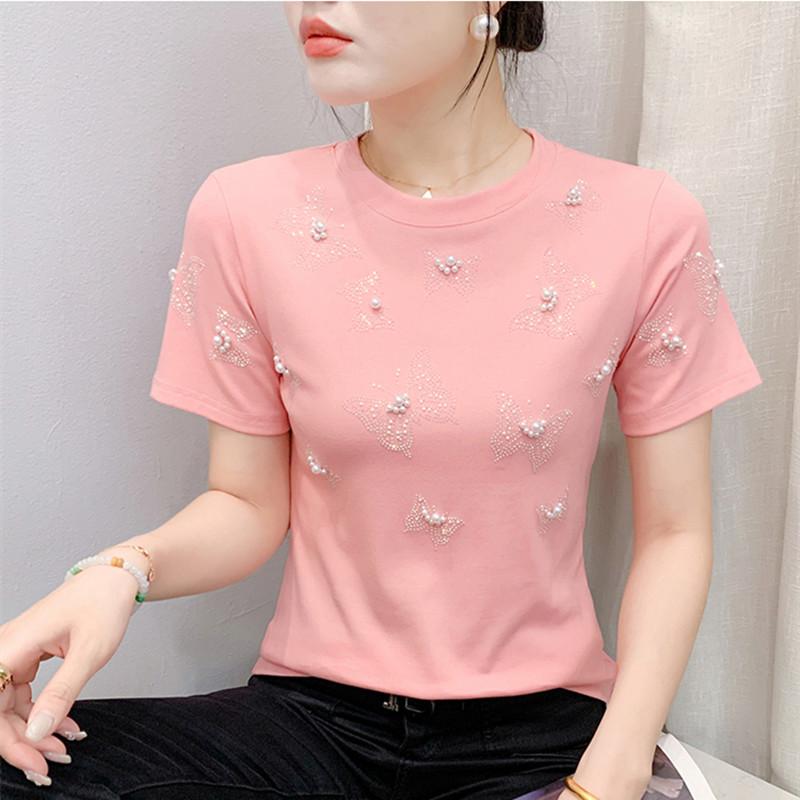 Summer New Fashion Women 100% Cotton Beading Butterfly Designer T-Shirts Short Sleeve Tees Casual Female Tops Shirts