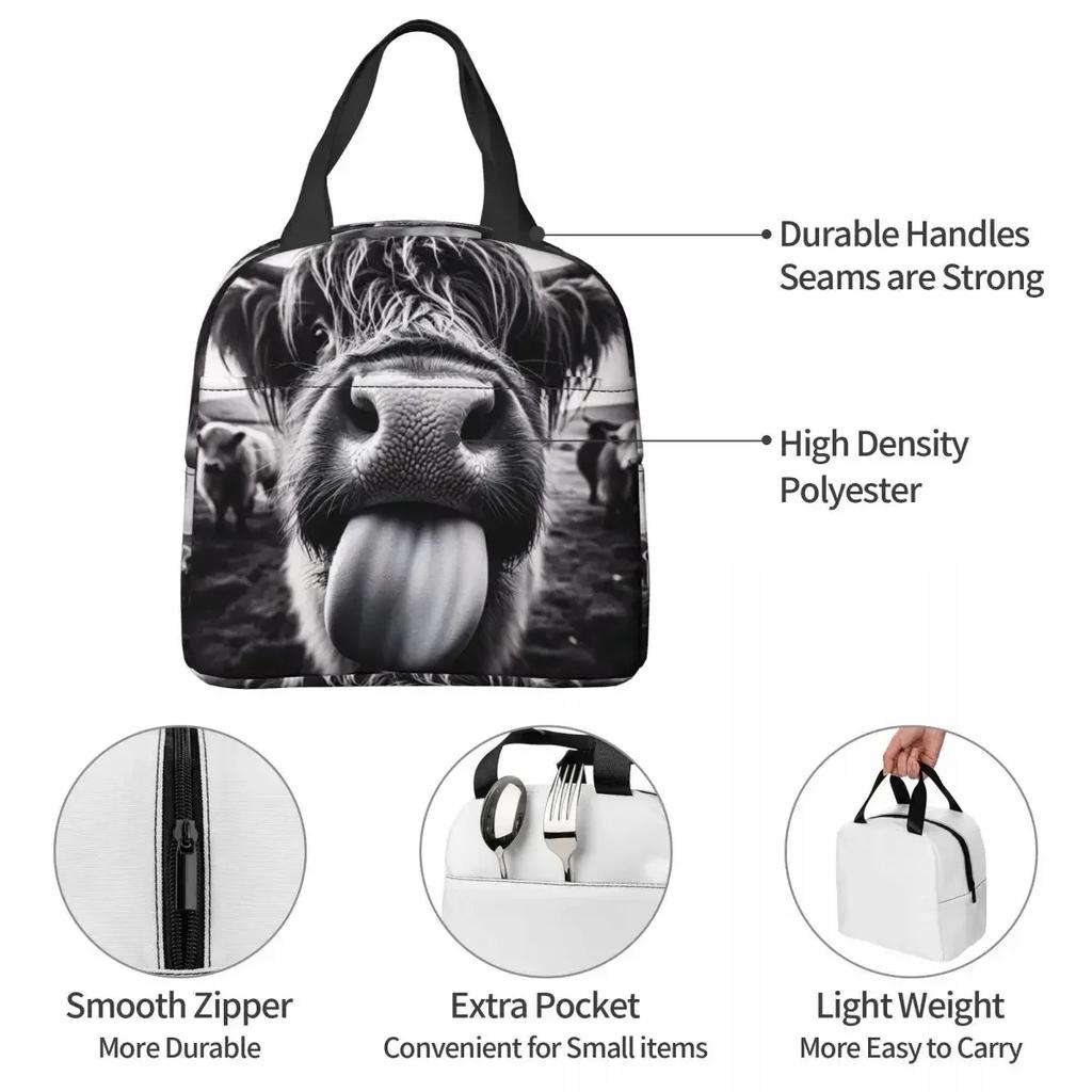 Hochlandkuh mit lustig herausgestreckter Zunge Isolierte Lunchtasche für Damen Kinder Auslaufsichere Lebensmittelboxen Thermos-Lunchbox Tragetasche
