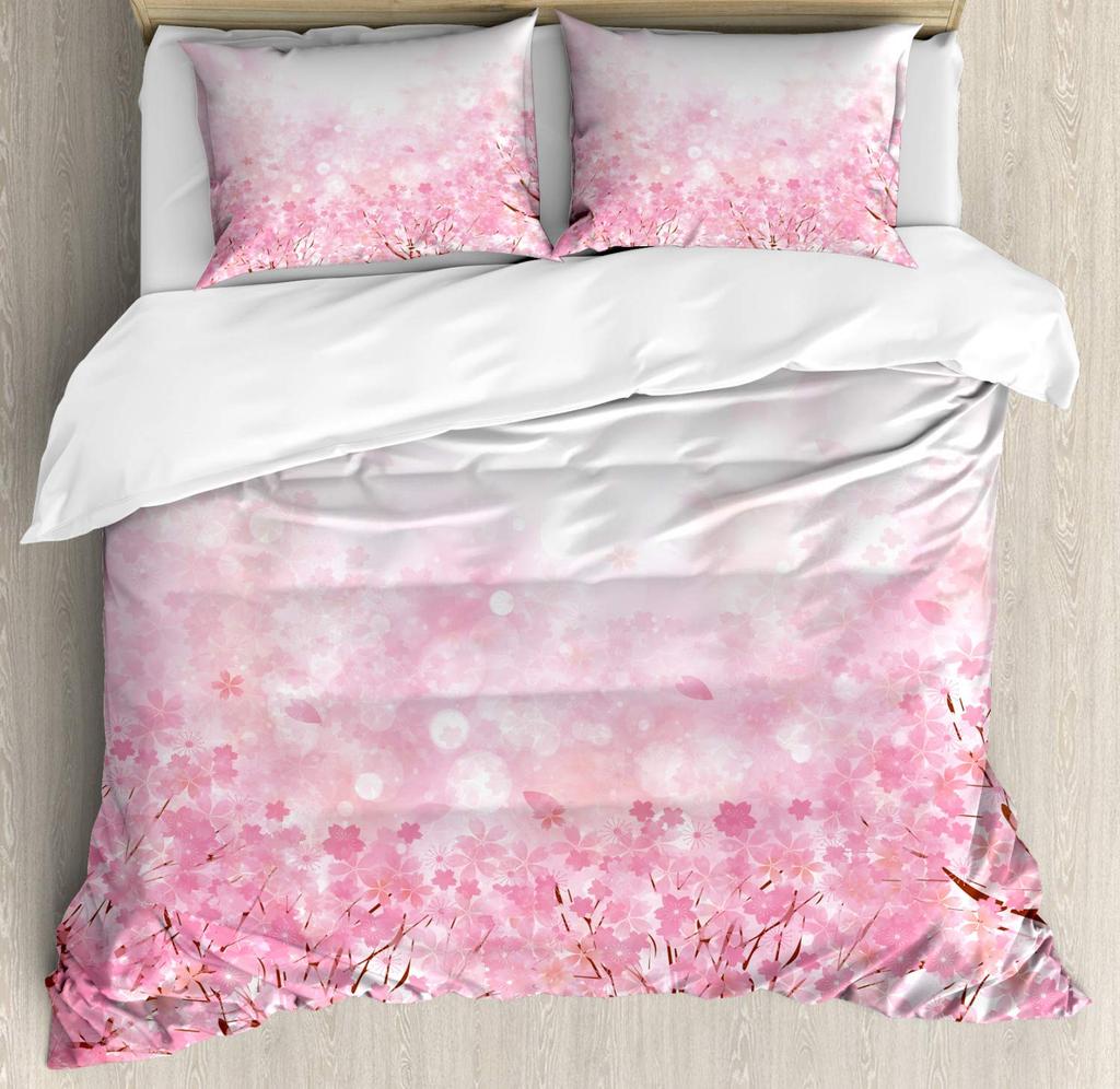 Japanese Duvet Cover Set Simplistic Cherry Blossom Tree Botanic Themed Pattern Fresh Organic Lines Bedding Set For Kids Girls