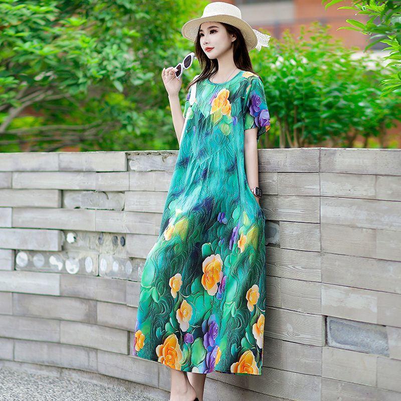 Summer Women's Plus Size Dress Loose Round Neck Floral Dress Soft Skin-friendly Breathable Long Dress