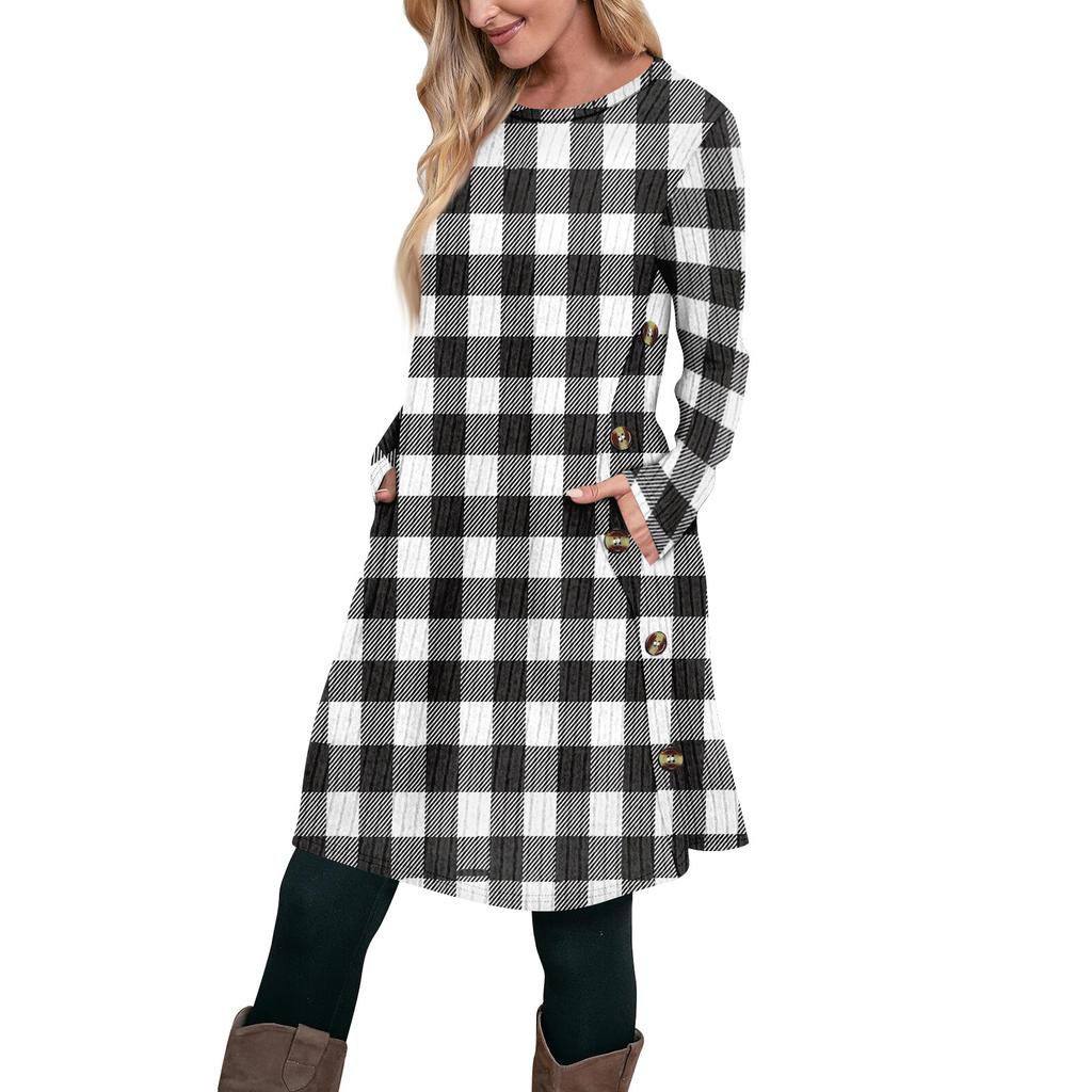 Women's Fashion Casual Long SleeveTunic Dress With Pockets Side Button Dress
