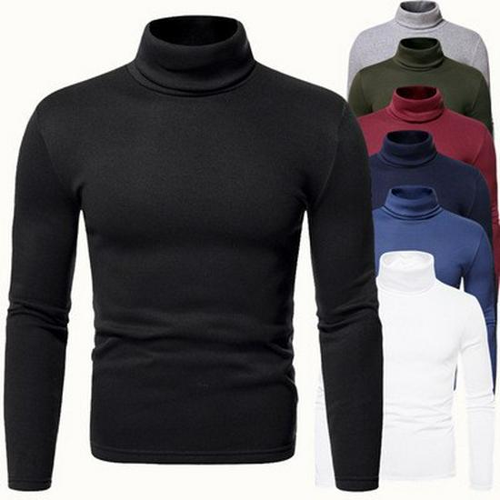 Men's High Neck Fleece Sweatshirt - Solid Color Autumn/Winter Pullover Base Layer T-shirt