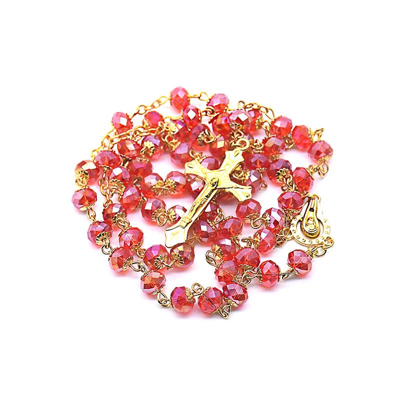 

Religious Catholic Golden Crimson Rose Bead Necklace Cross Pendant Praying Necklace Jewelry Accessories Gift