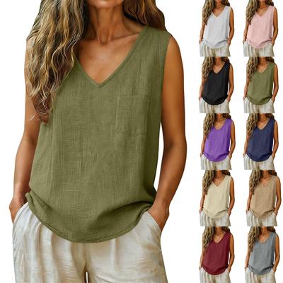 Camiseta Casual Elegante Feminina Sem Mangas com Decote V e Bolsos – Top Liso de Mistura de Algodão e Linho