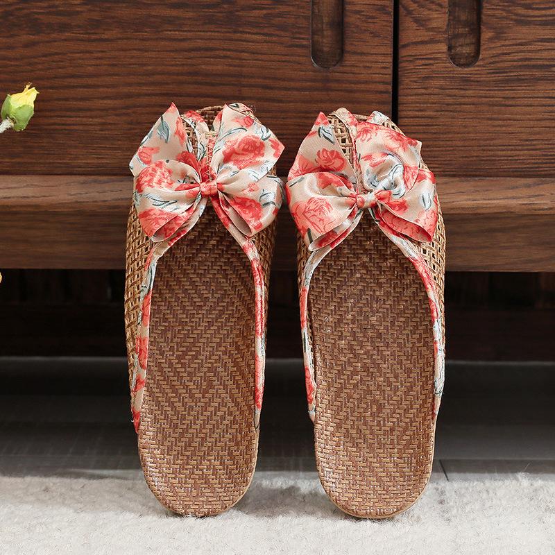 Summer Grass Mat Slippers Home Rattan Butterfly Knot Slippers Indoor Home Summer Women Linen Slippers