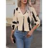 Women Black White Abstract Print V Neck Roll Tab Long Sleeve Casual Blouse