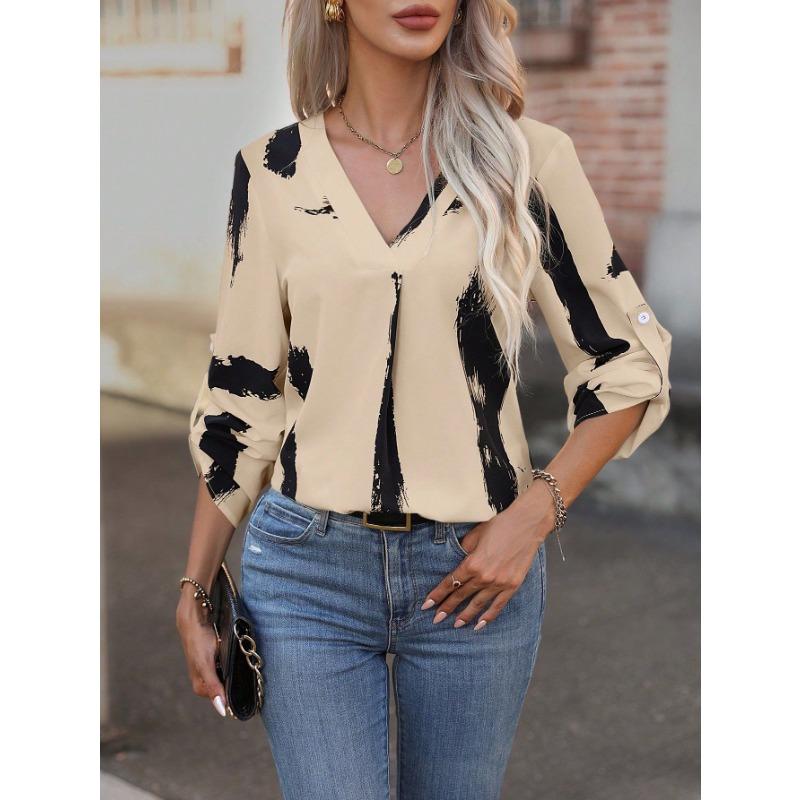 Women Black White Abstract Print V Neck Roll Tab Long Sleeve Casual Blouse