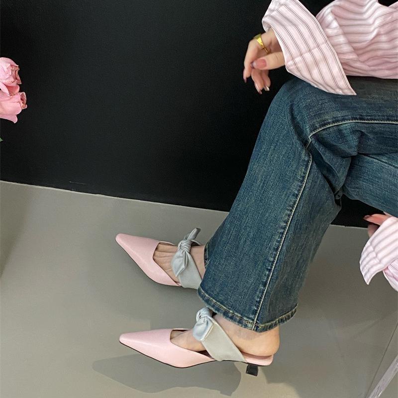 Damskie Kapcie Buty na Obcasie 4CM z Kokardą Motylkową Dla Kobiet Mules Modne Szpilki z Ostrym Czubkiem Damskie Kapcie Klapki Sandały Buty