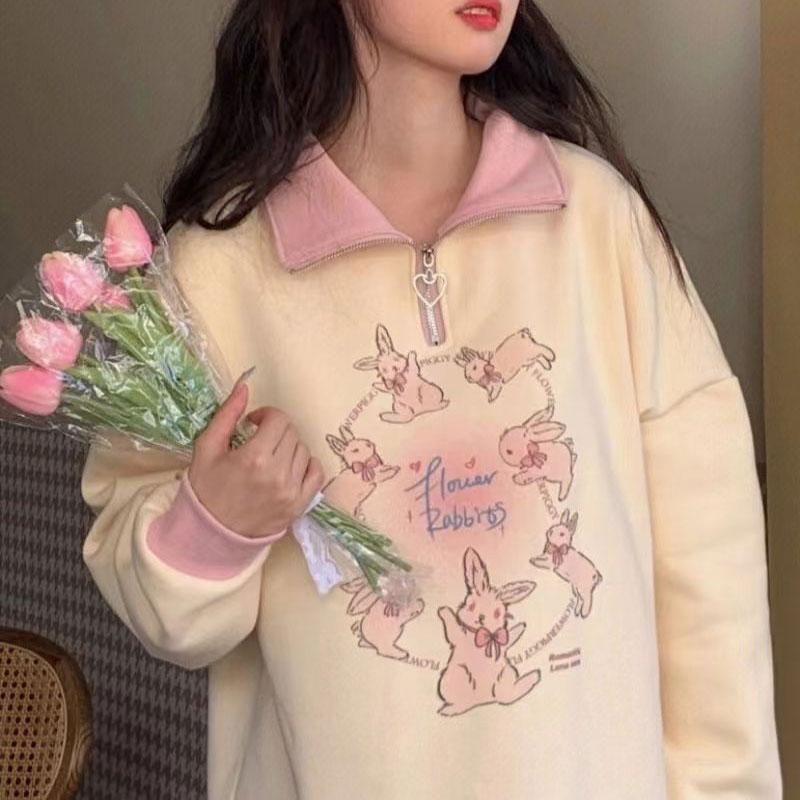 

Мультяшный кролик, пуловеры поло с высоким воротом, женская одежда с принтом, милая мода, молния, весна, осень, контрастные цвета, толстовки, новинка L