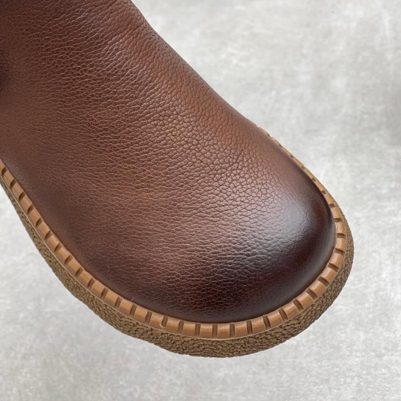 Johnature Botas Femininas Retro de Couro de Vaca Bico Redondo Quentes e de Sola Grossa Couro Genuíno Cano Médio