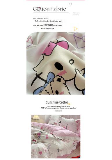 Official Sanrio Hello Kitty All-Cotton 4-Piece Bedding Set - Sheet, Pillowcase & Bed Skirt for Dorms
