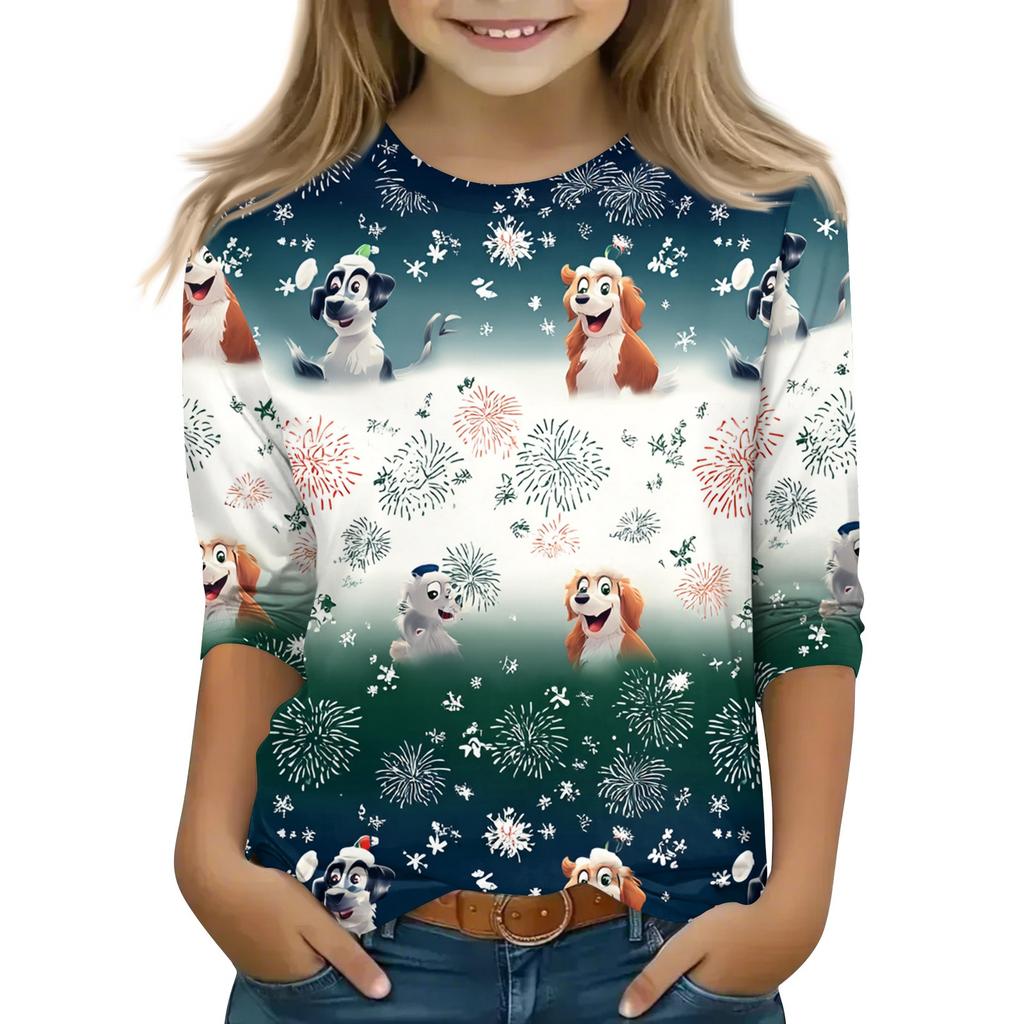 Christmas Children's 3/4 Sleeve Tops Casual  Printed Daily T Shirt Round Neck Pullover Blouse