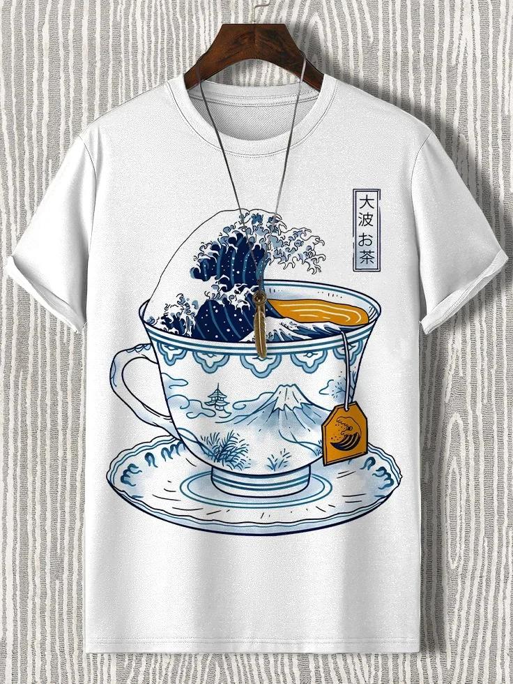 Summer Men's Japanese Teacup Harajuku Pattern Printed 100% Pure Cotton Casual Short-sleeved T-shirt Street Fashion Clothing