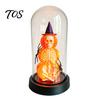 Halloween Window Display Pumpkin Skeleton Cloche Lamp, Lighted Stacking Skull In Clear Figurine Dome with Witch Hat for Tabletop Mantel, Party