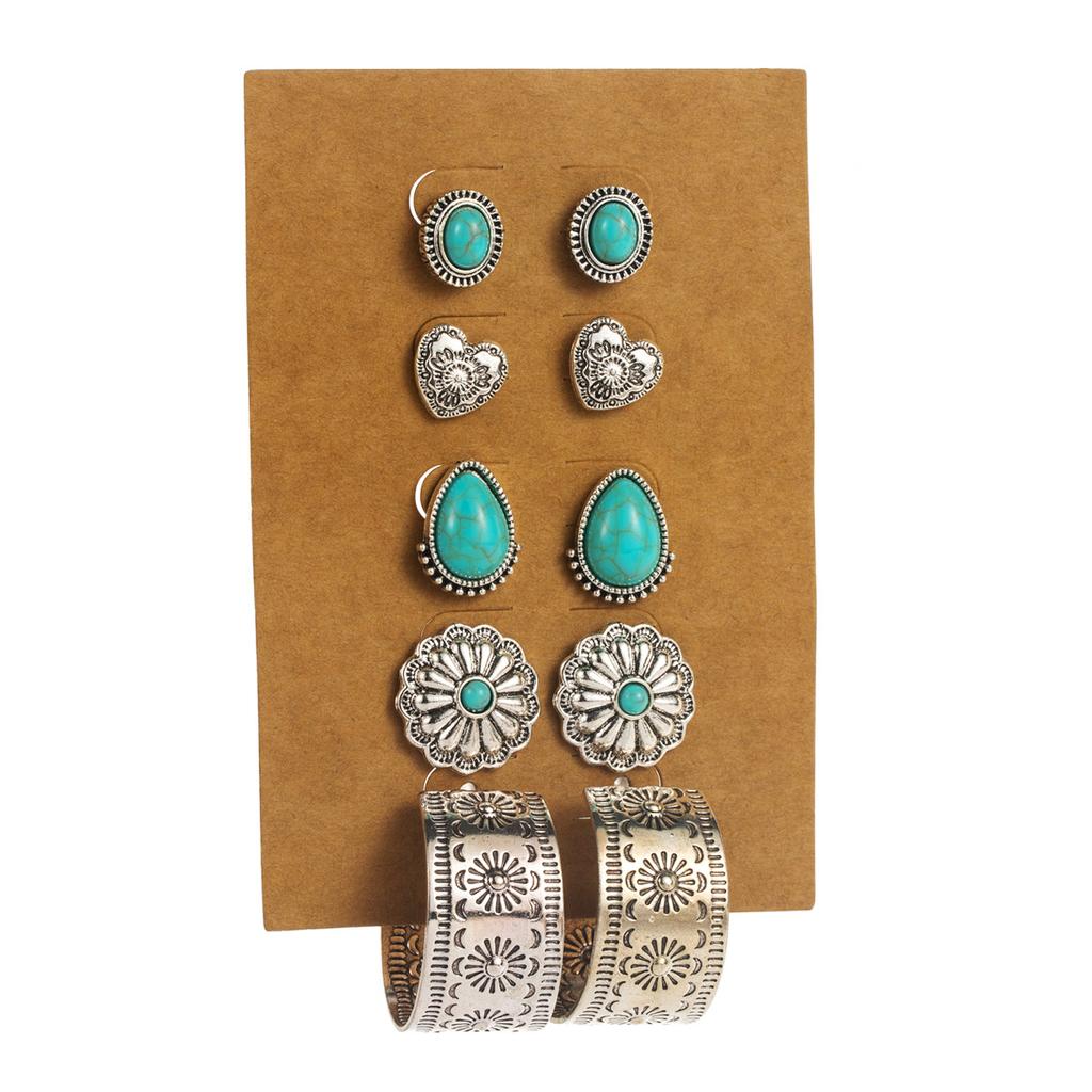 Simple Retro Green Turquoise Earrings - Set of Ethnic Style Flower Heart Geometric Ear Pendants In 5 Pairs