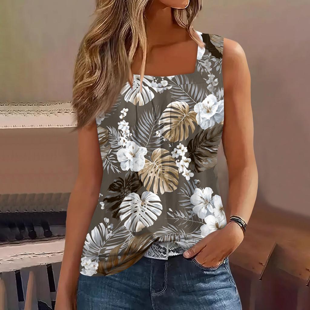 Women's Summer Casual Pleated Square Neck Sleeveless Tank Top Printed T-Shirt