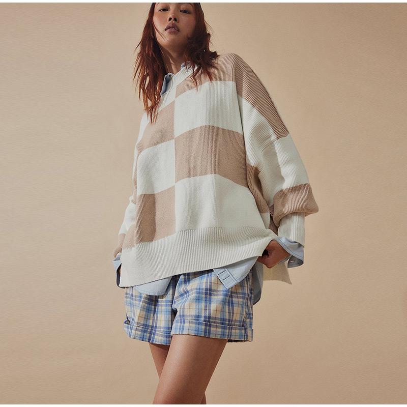 Повседневный свободный клетчатый вязаный пуловер для осени/зимы, женские пэчворк-контрастные круглые вырезы с длинными рукавами, пуловеры S хаки