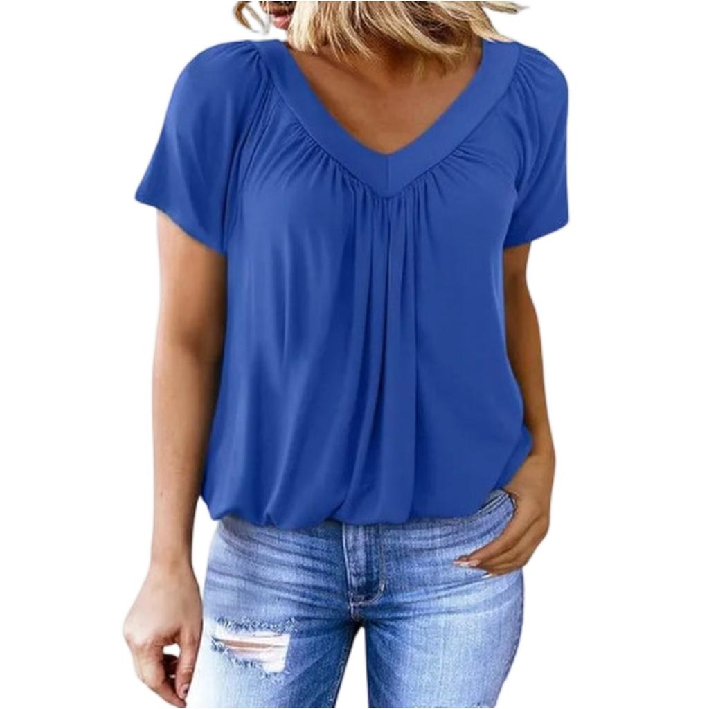 Damen Freizeit Farbe V-Ausschnitt Falten Kurzarm Top V-Ausschnitt Falten Kurzarm Top