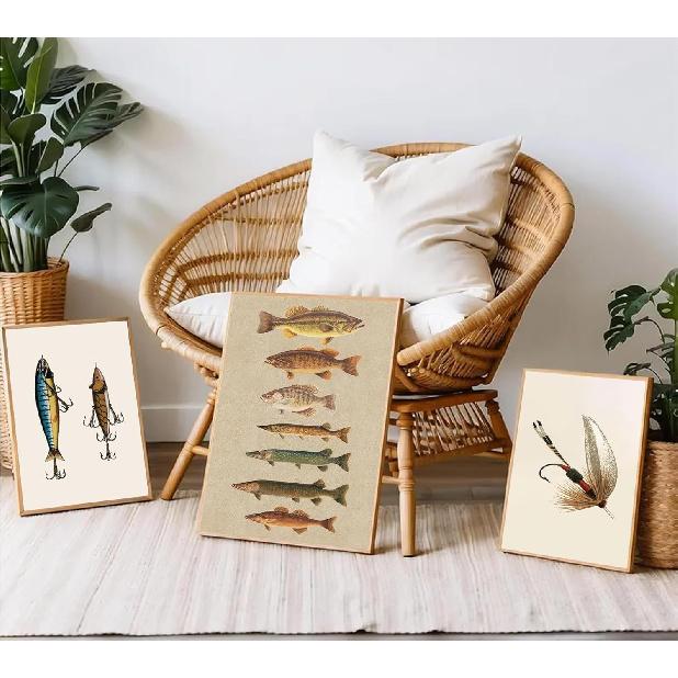 ZPJLRFC 3Pcs Vintage Fishing Canvas Wall Art Minimalism Fishing Gear Posters Artwork Fisherman Cave Painting Pictures Wall Decor for Outdoorsy Cabin