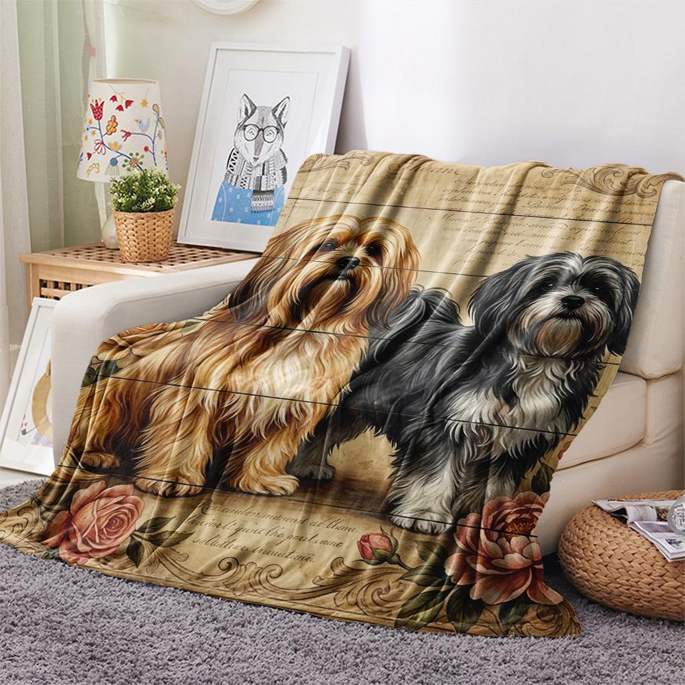 1PC Retro Pet Puppy Print Flannel Blanket, High quality All Seasons, Home Decor, Warmth and Comfort, Perfect for Christmas Gifts