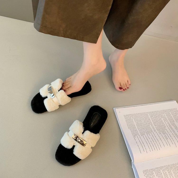 Internet Celebrity Fluffy Slippers Women Wear 2024 Autumn and Winter New Thick Bottom One-word Drag Small Fragrant Style Plush Slippers