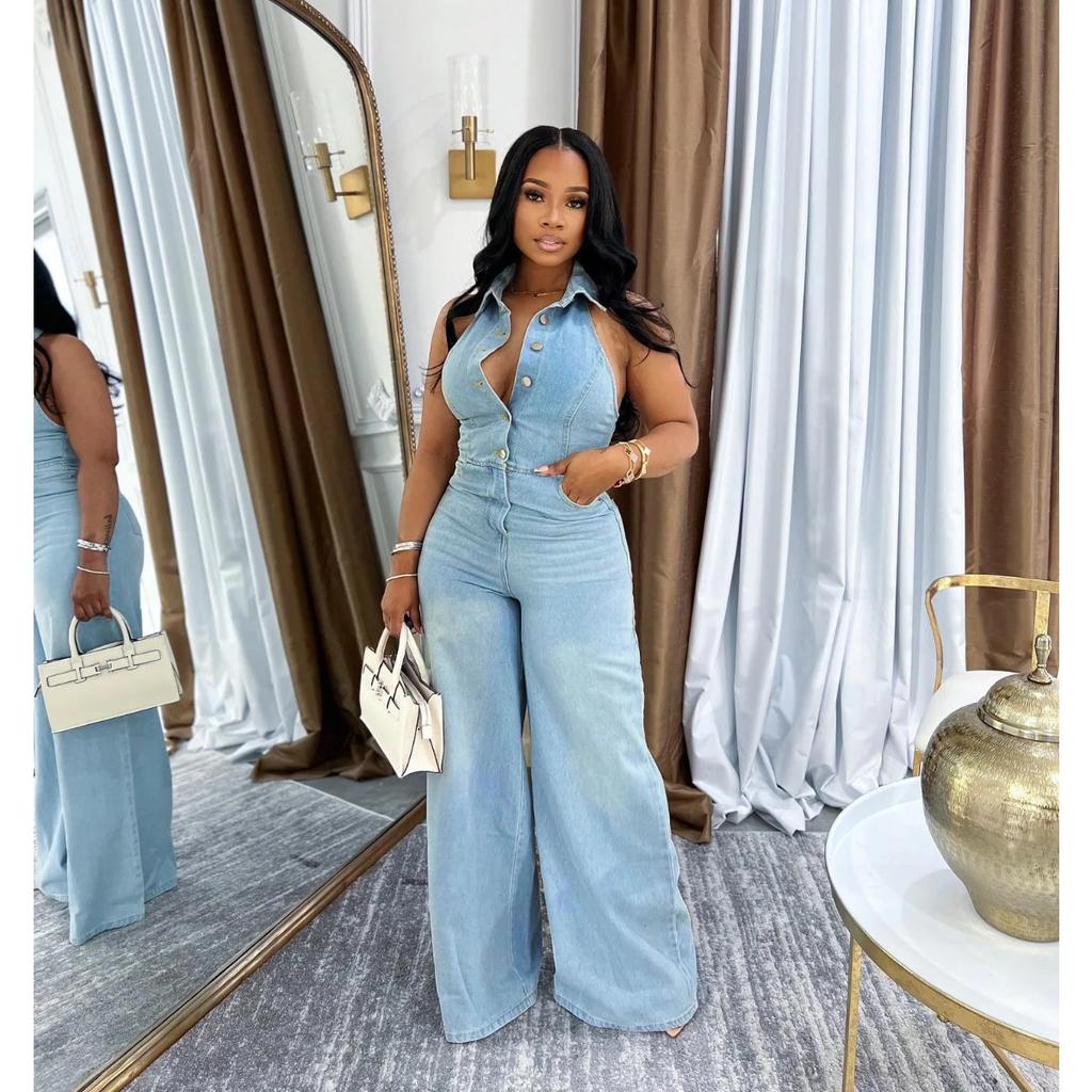 VIONA Women Denim Sleeveless Single Breasted Wide Leg Jeans Jumpsuit Halter Neck Backless Summer One Piece Suit Playsuits