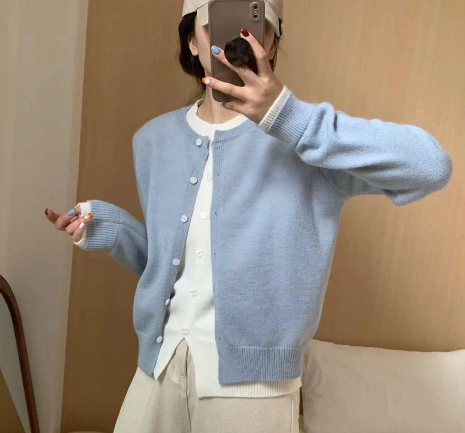 

Fake two-piece knitted cardigan sweater jacket for women s autumn and winter new round neck versatile design splicing top for women one size fits all синий