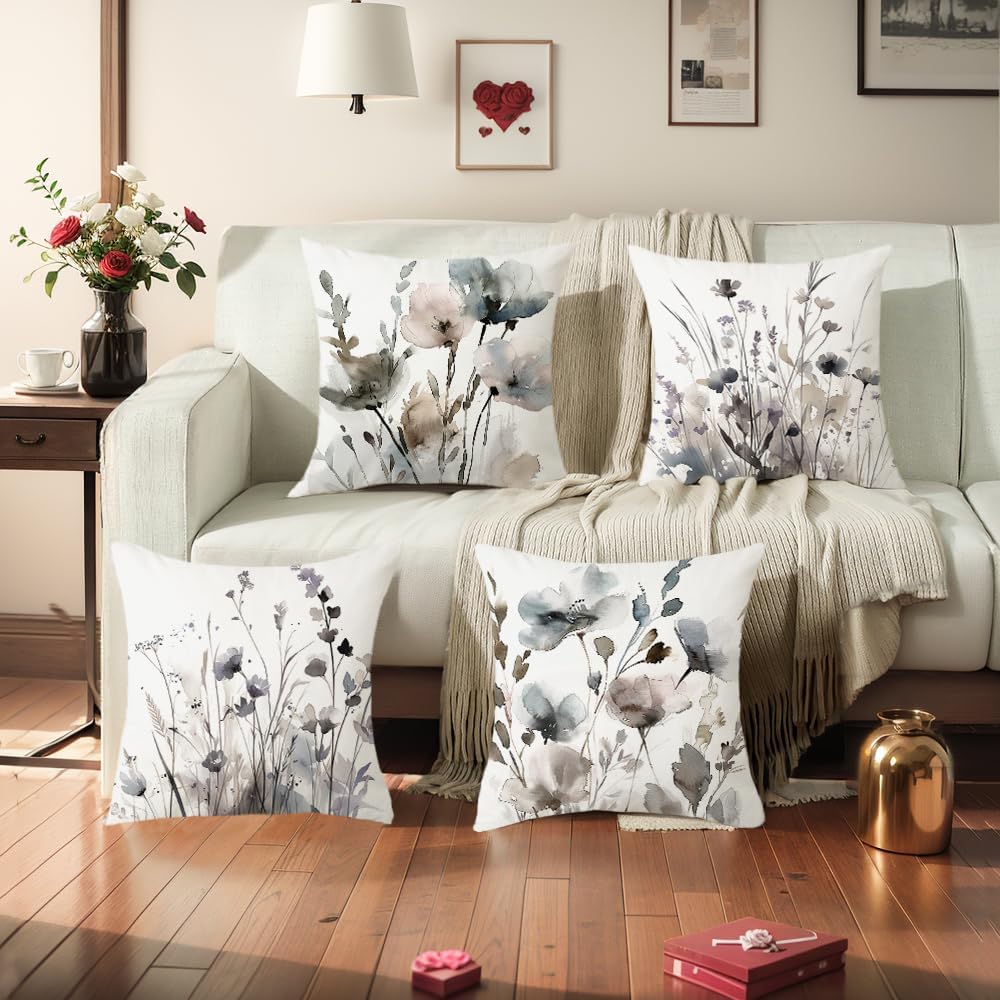 4Pcs Watercolor Floral Wildflower Ink Wash Printed Pillow Cover Polyester Cushion Case 2D Flat Printing Pillowcase Zen Vibe