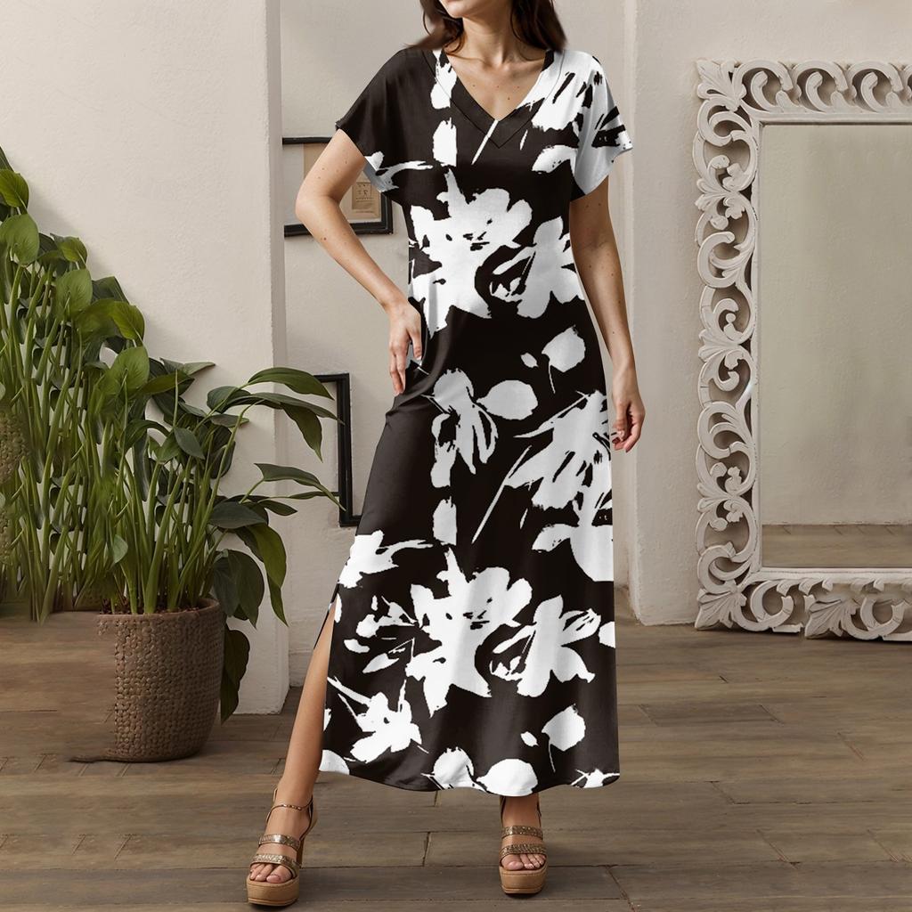 Women Summer Floral Dress Short Sleeve Beach Dress With Pockets Casual V-Neck Split Long T-Shirt Dress Travel Vacation