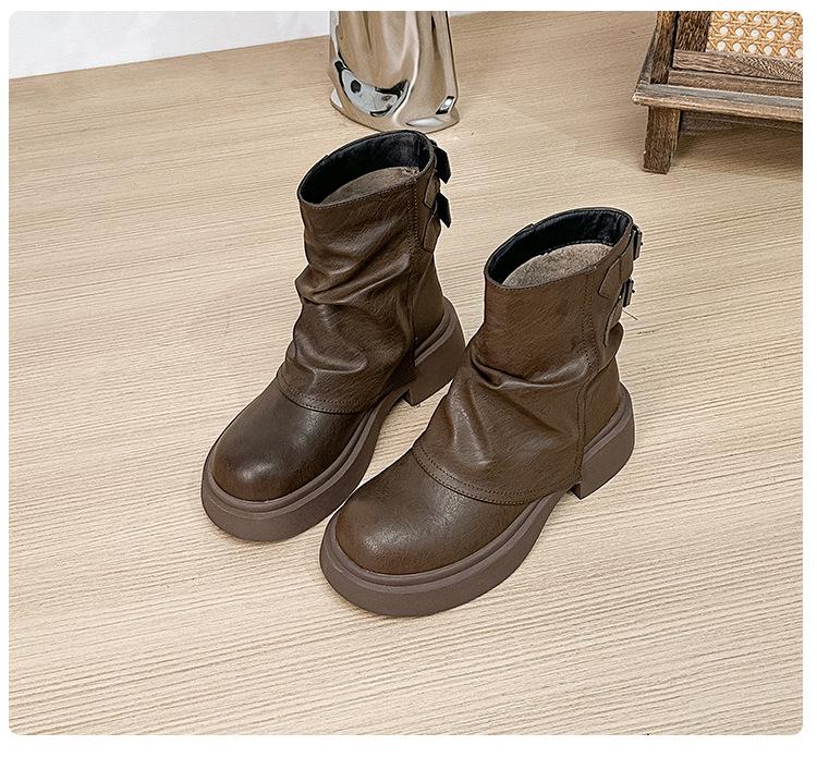 Short boots children's new autumn and winter pleated knight boots thick-soled versatile boots women's pile student boots