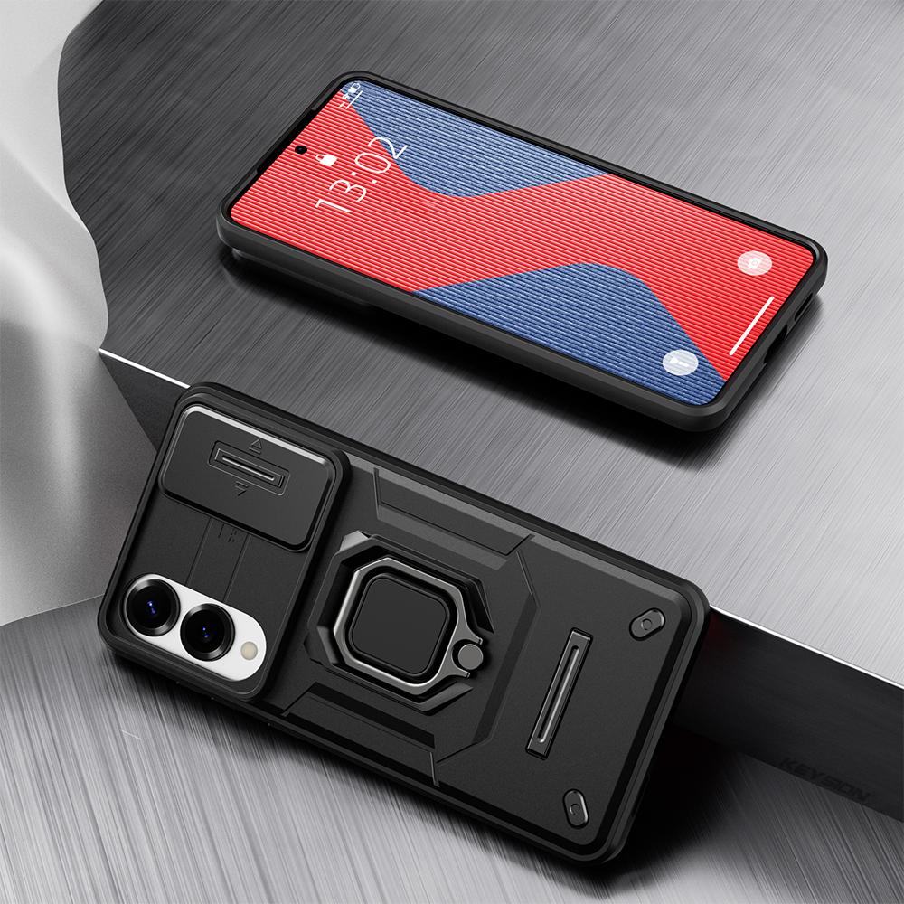 KEYSION Shockproof Case for Samsung S25 Edge 5G Slide Camera Lens Protection Ring Stand Phone Back Cover for Galaxy S25 Edge 5G