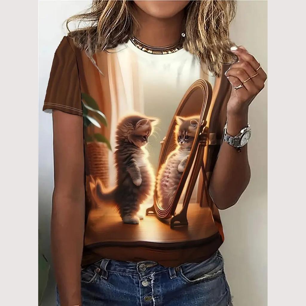Summer Women's T Shirt Cute Animal Print Casual Short Sleeve Cat T-Shirt Fashion Streetwear Female Oversized Clothing Pullover