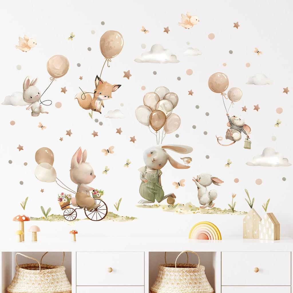 Cartoon Cute Rabbit Hot Air Balloon Clouds Large Wall Stickers for Kids Room Living Room Nursery Decoration Children Wall Decals