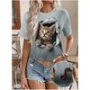 Cute Cat 3D Print Graphic T Shirt Women Fashion Casual O-Neck Oversized Short Sleeve T-shirt Funny Animal Tops