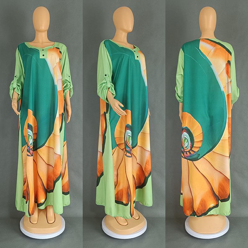 European and American Large Size Women's Satin Print Dress, Arabic Robe Style 8901