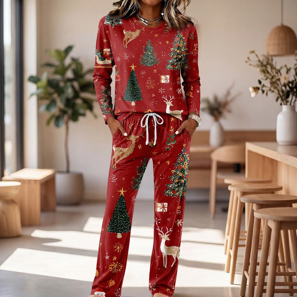 Round Neck Long Sleeve Wide Leg Pants Set, Casual Home Pajama Sleepwear